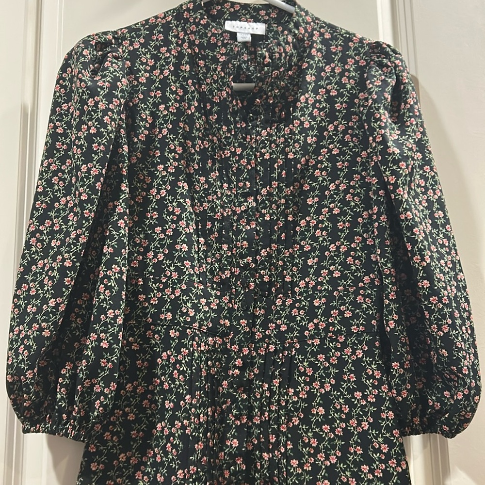 NWOT Topshop floral pleat button down band collar puff 3/4sleeve elastic cuff 0P